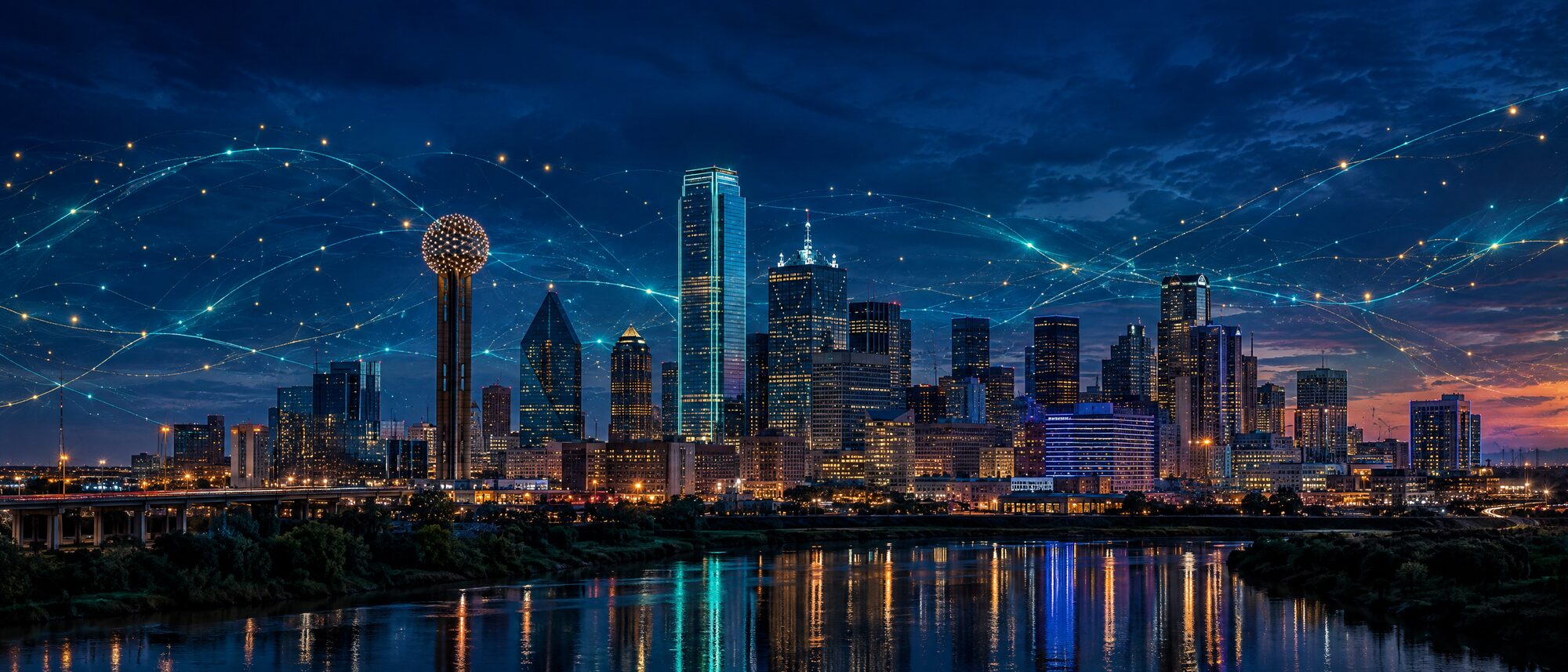 Dallas skyline at dusk, seen across the Trinity River